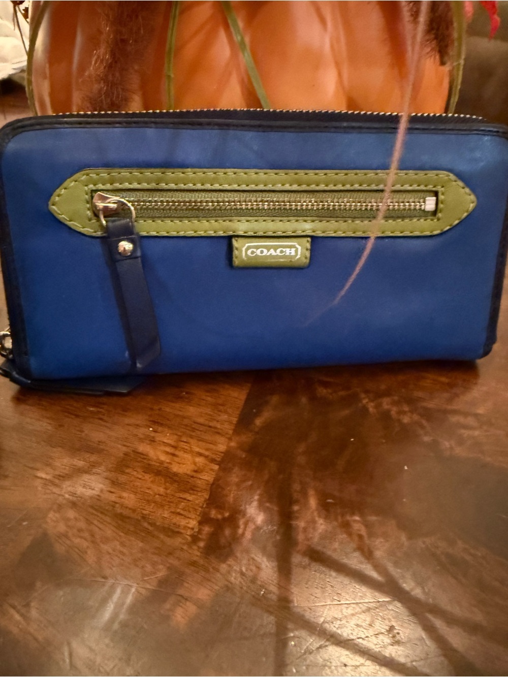 COACH Blue Wallet with Green Zip Accent